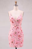 Pink Sheath V-Neck Floral Short Homecoming Dress