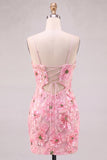 Pink Sheath V-Neck Floral Short Homecoming Dress