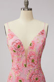 Pink V-Neck Floral Short Tight Homecoming Dress with Lace Up Back