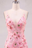 Pink Sheath V-Neck Floral Short Homecoming Dress
