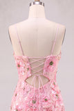 Pink Sheath V-Neck Floral Short Homecoming Dress