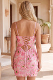 Pink V-Neck Floral Short Tight Homecoming Dress with Lace Up Back