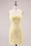 Daffodil Sheath Halter Ruched Short Homecoming Dress with Appliques