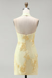 Daffodil Tight Halter Ruched Short Homecoming Dress with Floral Embroidery
