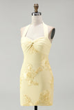 Daffodil Tight Halter Ruched Short Homecoming Dress with Floral Embroidery