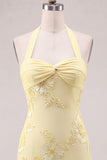 Daffodil Sheath Halter Ruched Short Homecoming Dress with Appliques
