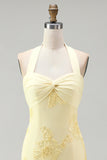 Daffodil Tight Halter Ruched Short Homecoming Dress with Floral Embroidery