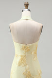 Daffodil Tight Halter Ruched Short Homecoming Dress with Floral Embroidery