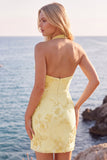 Daffodil Sheath Halter Ruched Short Homecoming Dress with Appliques
