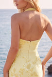 Daffodil Sheath Halter Ruched Short Homecoming Dress with Appliques