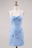 Daffodil Sheath Halter Ruched Short Homecoming Dress with Appliques