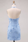 Daffodil Sheath Halter Ruched Short Homecoming Dress with Appliques