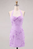 Daffodil Sheath Halter Ruched Short Homecoming Dress with Appliques