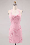 Daffodil Sheath Halter Ruched Short Homecoming Dress with Appliques