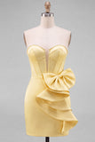 Yellow Bodycon Pearl Trim Corset Short Homecoming Dress with Side Bow Detail