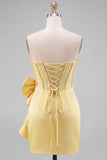 Yellow Bodycon Pearl Trim Corset Short Homecoming Dress with Side Bow Detail