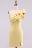 Yellow Bodycon One-Shoulder Pearl Beaded Short Homecoming Dress with Bow Detail