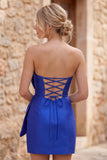 Royal Blue Bodycon Strapless Short Homecoming Dress with Front Oversized Bow