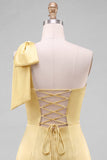 Yellow Satin One-Shoulder Short Homecoming Dress with Bow Detail