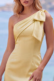 Yellow Satin One-Shoulder Short Homecoming Dress with Bow Detail
