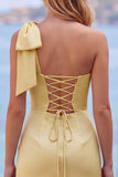 Yellow Satin One-Shoulder Short Homecoming Dress with Bow Detail