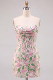 Floral Pink Strapless Jacquard Bodycon Corset Mini Homecoming Dress