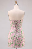 Floral Pink Strapless Jacquard Bodycon Corset Mini Homecoming Dress