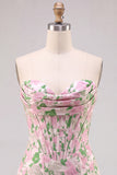 Floral Pink Strapless Jacquard Bodycon Corset Mini Homecoming Dress