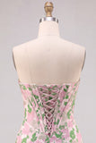 Floral Pink Strapless Jacquard Bodycon Corset Mini Homecoming Dress