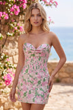Floral Pink Strapless Jacquard Bodycon Corset Mini Homecoming Dress