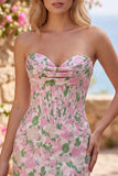 Floral Pink Strapless Jacquard Bodycon Corset Mini Homecoming Dress