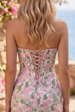 Floral Pink Strapless Jacquard Bodycon Corset Mini Homecoming Dress