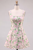 A-Line Floral Brocade Pearl Straps Short Homecoming Dress with Big Back Bow