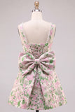 A-Line Floral Brocade Pearl Straps Short Homecoming Dress with Big Back Bow