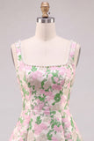 A-Line Floral Brocade Pearl Straps Short Homecoming Dress with Big Back Bow