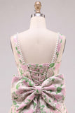 A-Line Floral Brocade Pearl Straps Short Homecoming Dress with Big Back Bow