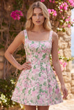 A-Line Floral Brocade Pearl Straps Short Homecoming Dress with Big Back Bow