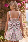 A-Line Floral Brocade Pearl Straps Short Homecoming Dress with Big Back Bow
