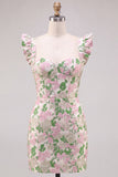 Floral Pink Jacquard Flutter Sleeves Bodycon Mini Homecoming Dress