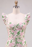 Floral Pink Jacquard Flutter Sleeves Bodycon Mini Homecoming Dress