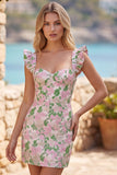Floral Pink Jacquard Flutter Sleeves Bodycon Mini Homecoming Dress