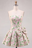 Pink A-Line Strapless Floral Jacquard Short Homecoming Dress with Bow