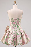 Pink A-Line Strapless Floral Jacquard Short Homecoming Dress with Bow