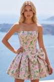 Pink A-Line Strapless Floral Jacquard Short Homecoming Dress with Bow