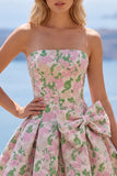 Pink A-Line Strapless Floral Jacquard Short Homecoming Dress with Bow