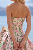 Pink A-Line Strapless Floral Jacquard Short Homecoming Dress with Bow