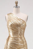 Gold Metallic One-Shoulder Ruched Short Homecoming Dress with Side Train