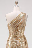 Gold Metallic One-Shoulder Ruched Short Homecoming Dress with Side Train
