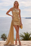 Gold Metallic One-Shoulder Ruched Short Homecoming Dress with Side Train