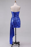 Royal Blue Metallic Ruched Strapless Short Homecoming Dress with Side Cascade